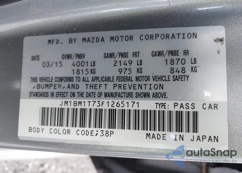 2015 Mazda Mazda3 I Sv z USA, uszkodzony, nr VIN JM1BM1T73F1265171